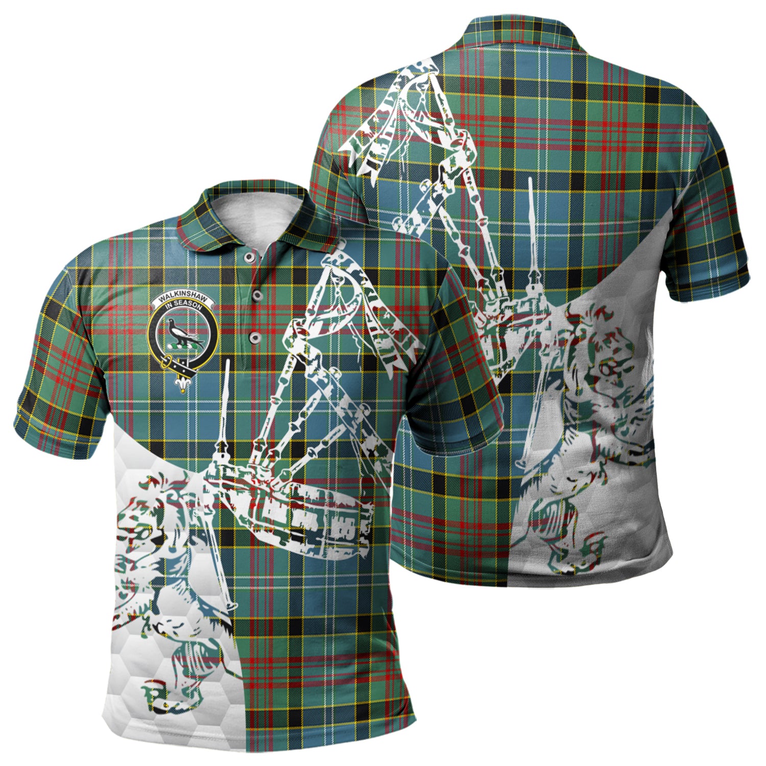scottish-walkinshaw-clan-crest-tartan-polo-shirt-lion-and-bagpipes-style