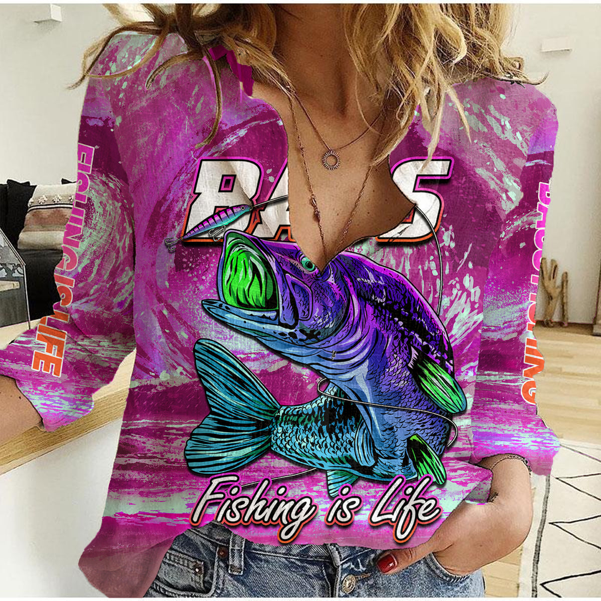 Bass Fishing is Life Hook Sport Largemouth Pink Women Casual Shirt - Wonder Print Shop