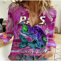 Pink women’s casual shirt with large bass graphic and “Fishing is Life” text
