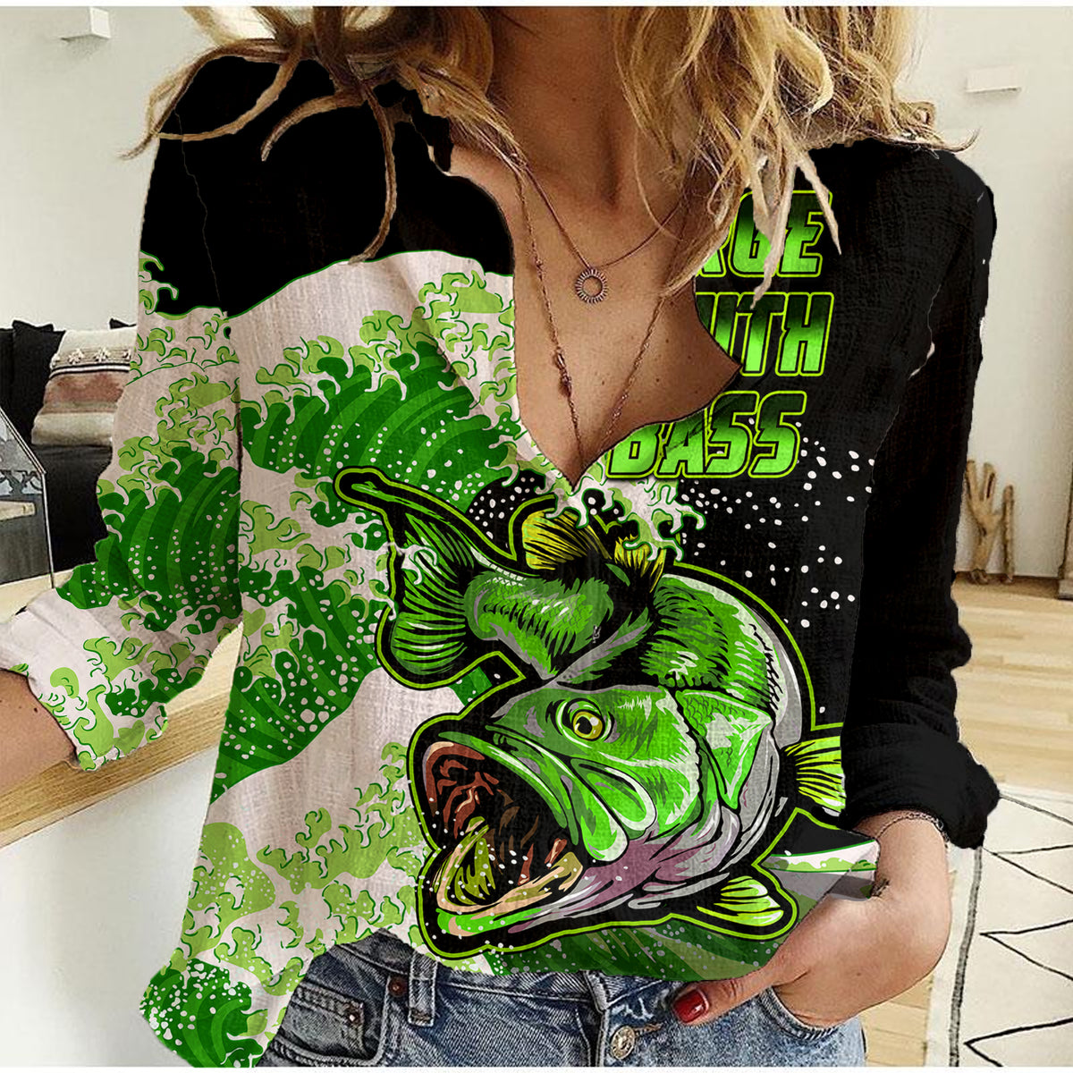 Largemouth Bass Fishing Green Women Casual Shirt - Wonder Print Shop