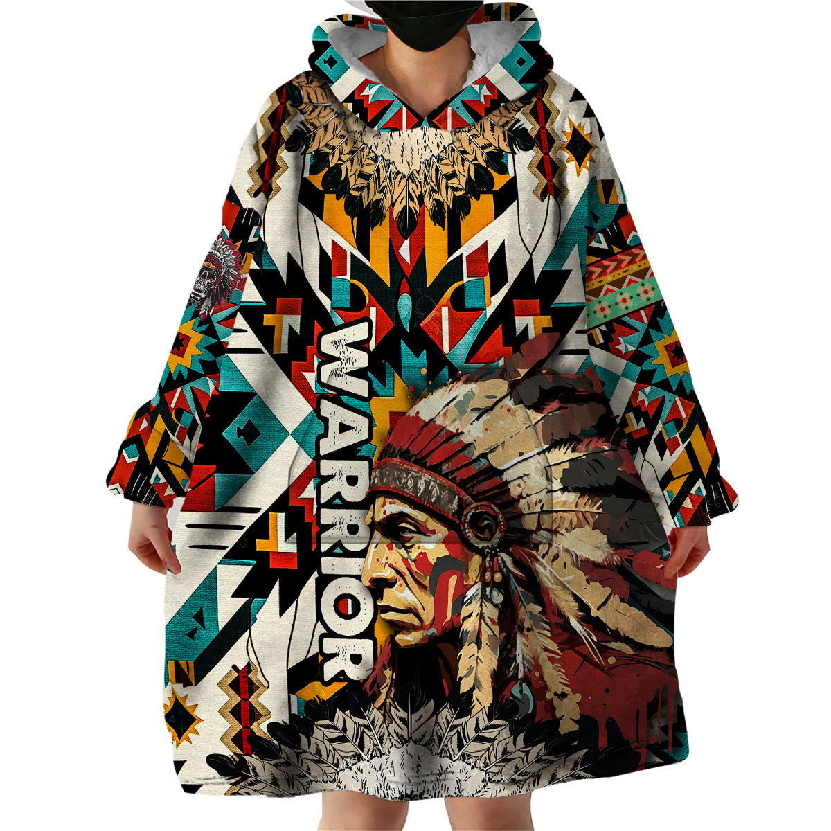 Native American Warrior Headdress with Skull Feather Wearable Blanket Hoodie - Wonder Print Shop