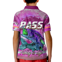 Kids pink fishing polo shirt with purple collar, large back bass graphic and lettering