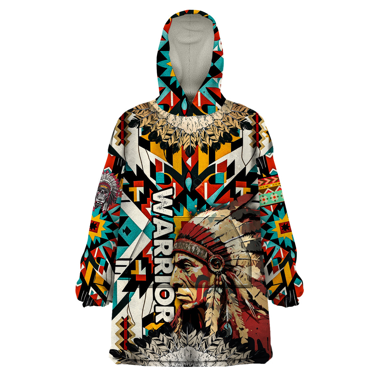 Native American Warrior Headdress with Skull Feather Wearable Blanket Hoodie - Wonder Print Shop