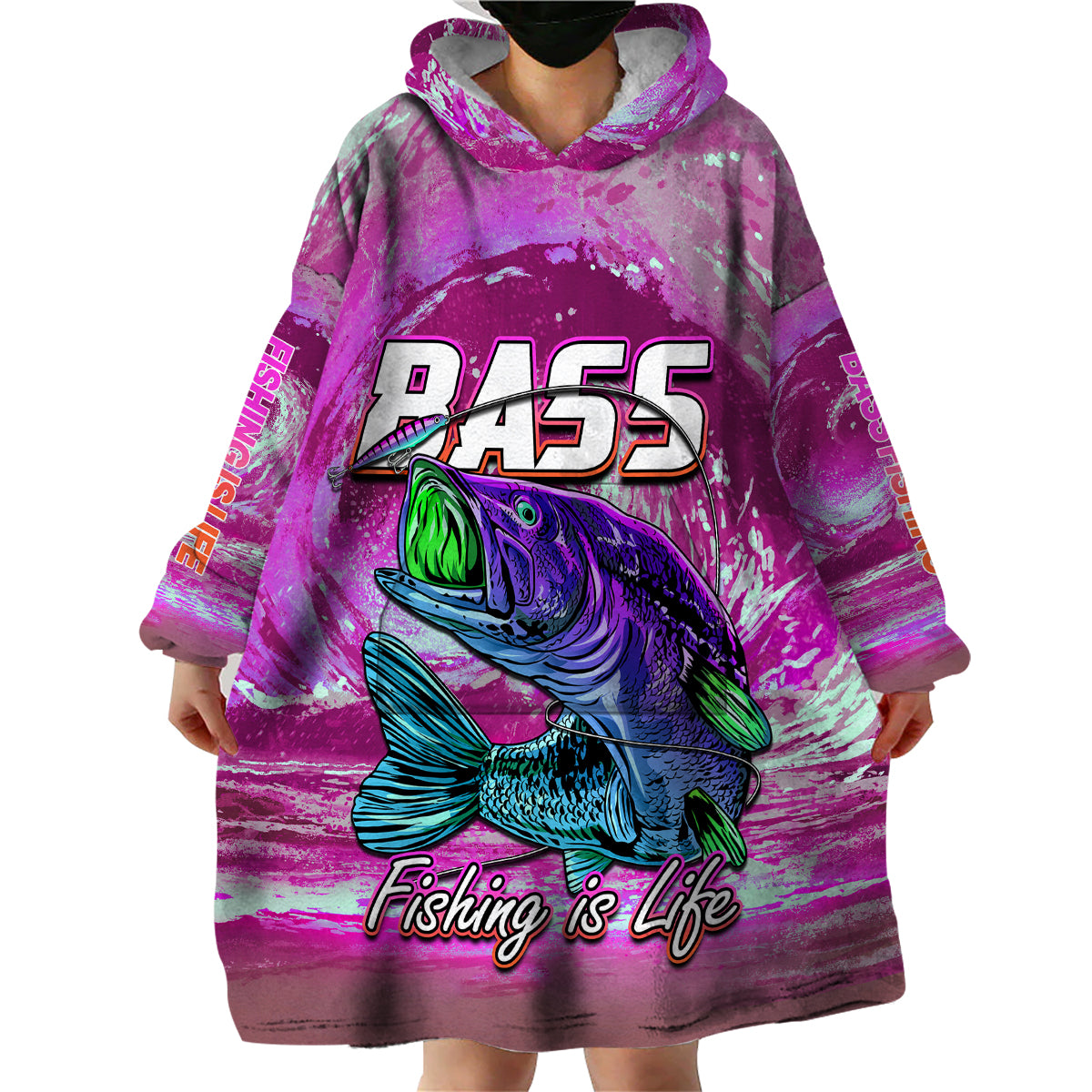 Wearable blanket hoodie worn, pink and purple with large bass graphic and hooded neckline