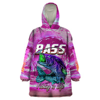 Wearable blanket hoodie, pink and purple splash print with bass graphic and hood