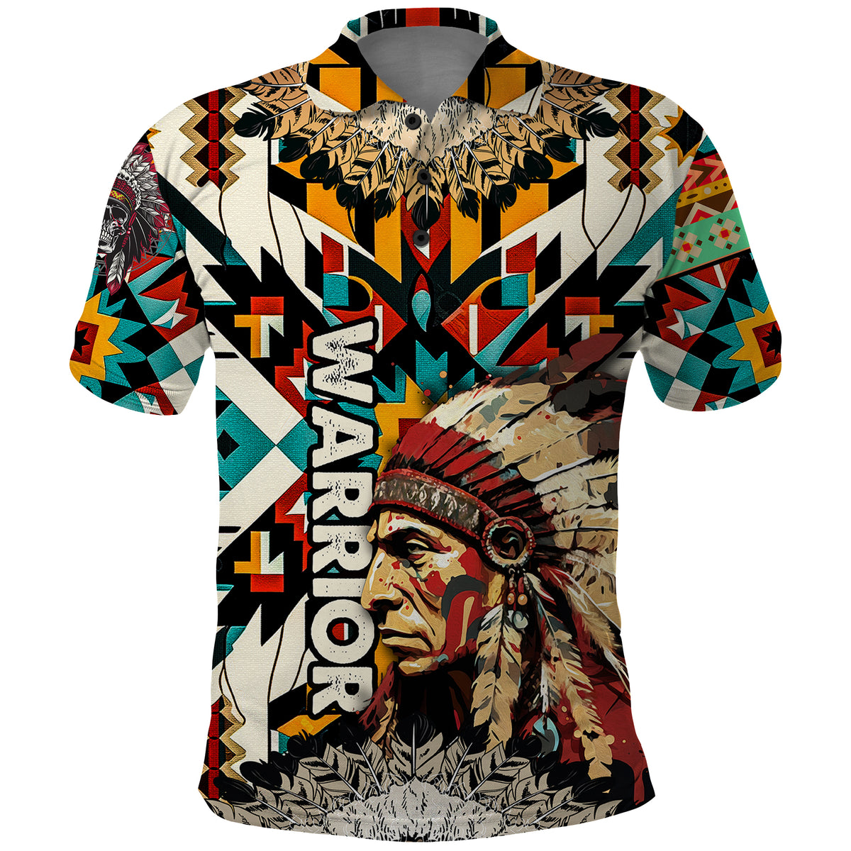 Native American Warrior Headdress with Skull Feather Polo Shirt - Wonder Print Shop