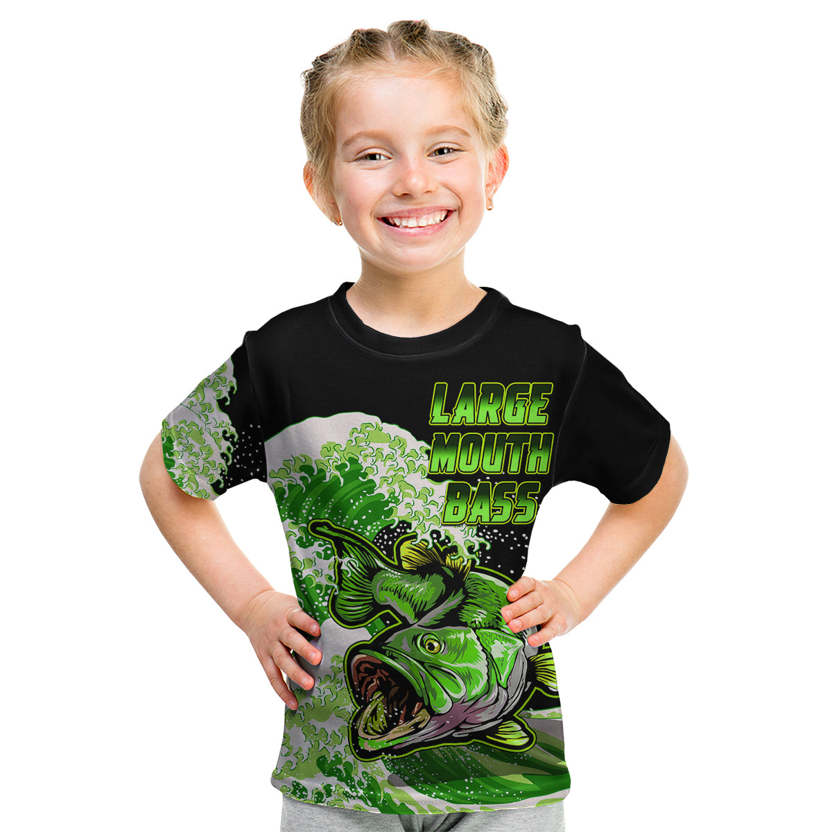 Largemouth Bass Fishing Green Kid T Shirt - Wonder Print Shop