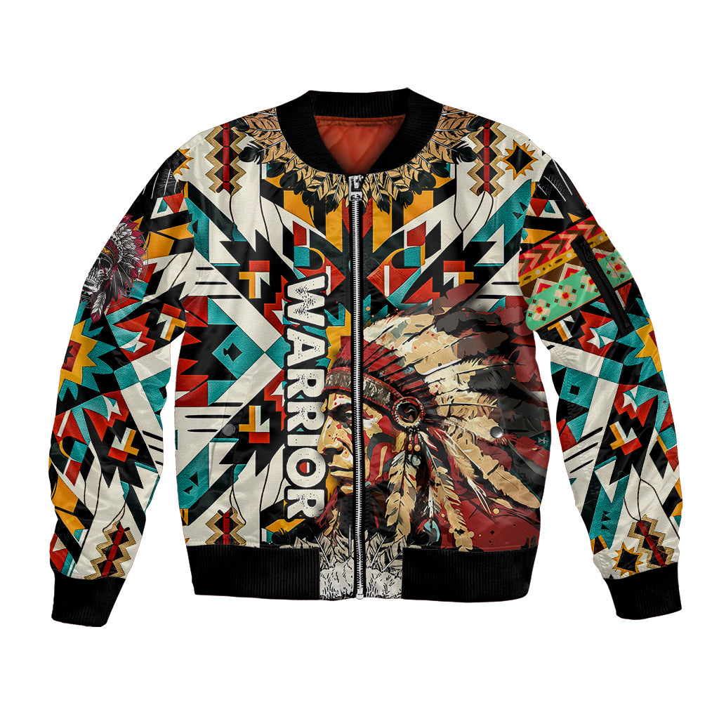 Native American Warrior Headdress with Skull Feather Sleeve Zip Bomber Jacket - Wonder Print Shop