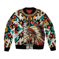Native American Warrior Headdress with Skull Feather Sleeve Zip Bomber Jacket - Wonder Print Shop