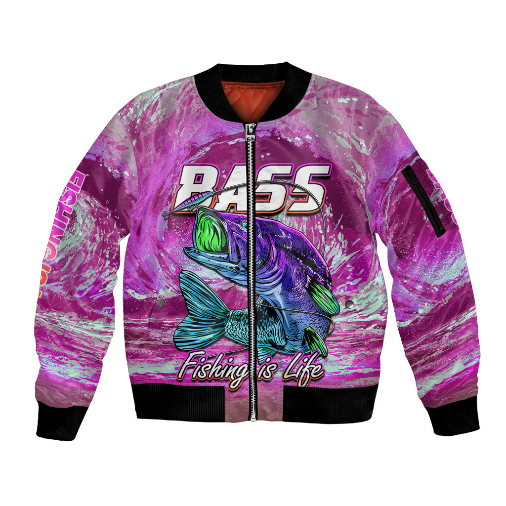 Bass Fishing is Life Hook Sport Largemouth Pink Sleeve Zip Bomber Jacket - Wonder Print Shop