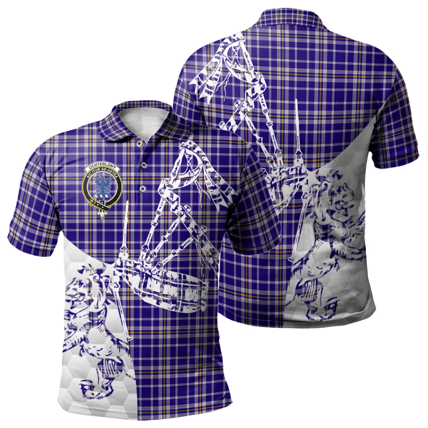 scottish-ochterlony-clan-crest-tartan-polo-shirt-lion-and-bagpipes-style