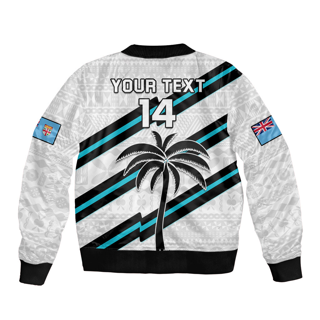 (Custom Text And Number) Fiji Rugby Tapa Pattern Fijian 7s White Sleeve Zip Bomber Jacket - Wonder Print Shop