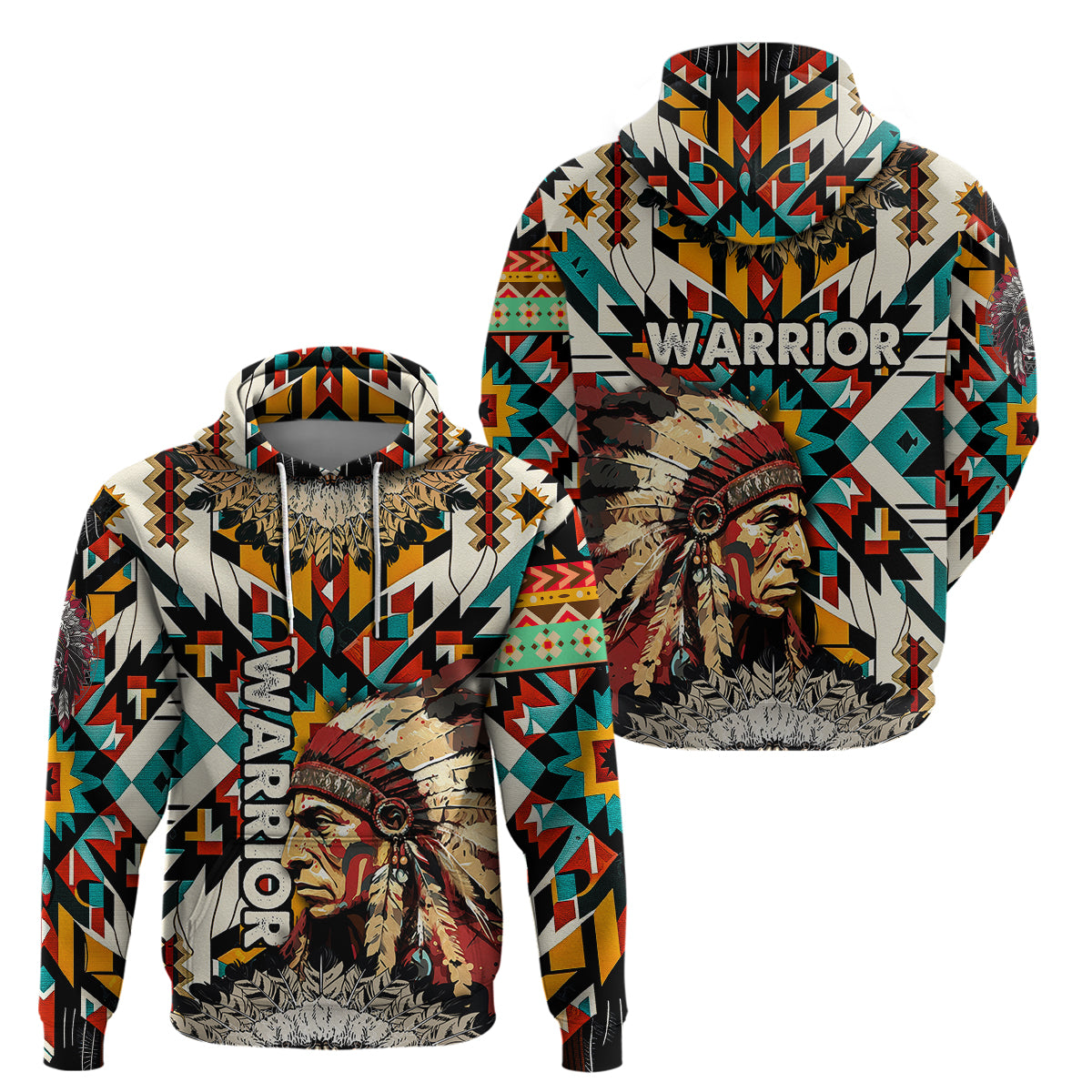 Native American Warrior Headdress with Skull Feather Hoodie - Wonder Print Shop