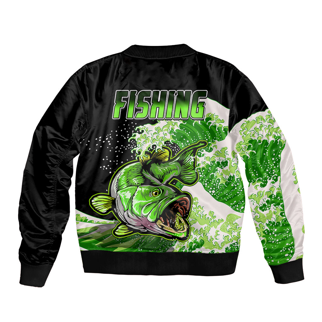 Largemouth Bass Fishing Green Sleeve Zip Bomber Jacket - Wonder Print Shop