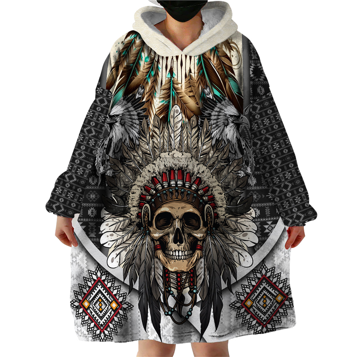 Native American Skull With Eagle Warriors Wearable Blanket Hoodie - Wonder Print Shop