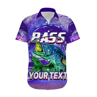 Purple fishing polo shirt with bass fish artwork, large RASS text and YOUR TEXT