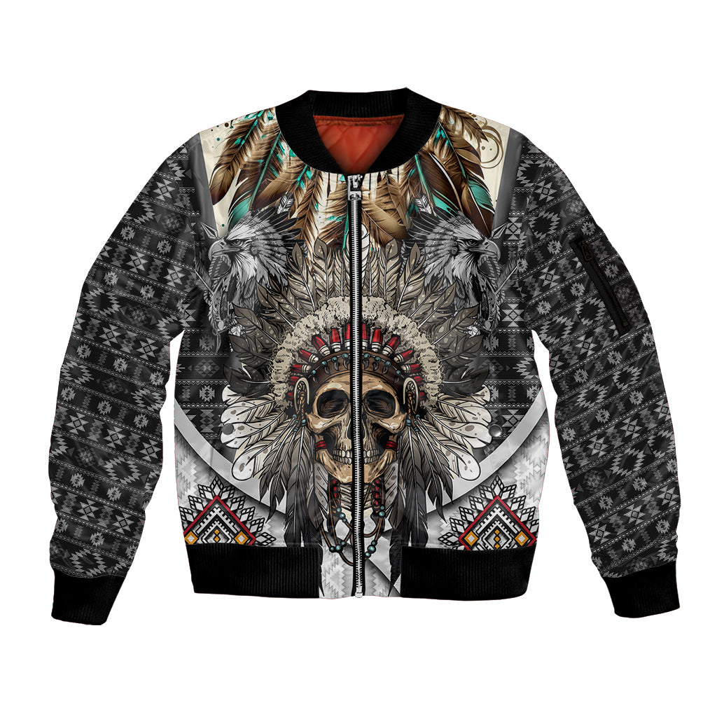 Native American Skull With Eagle Warriors Sleeve Zip Bomber Jacket - Wonder Print Shop
