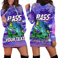 Purple hoodie dress with kangaroo pocket, drawstring hood, and large fish graphic