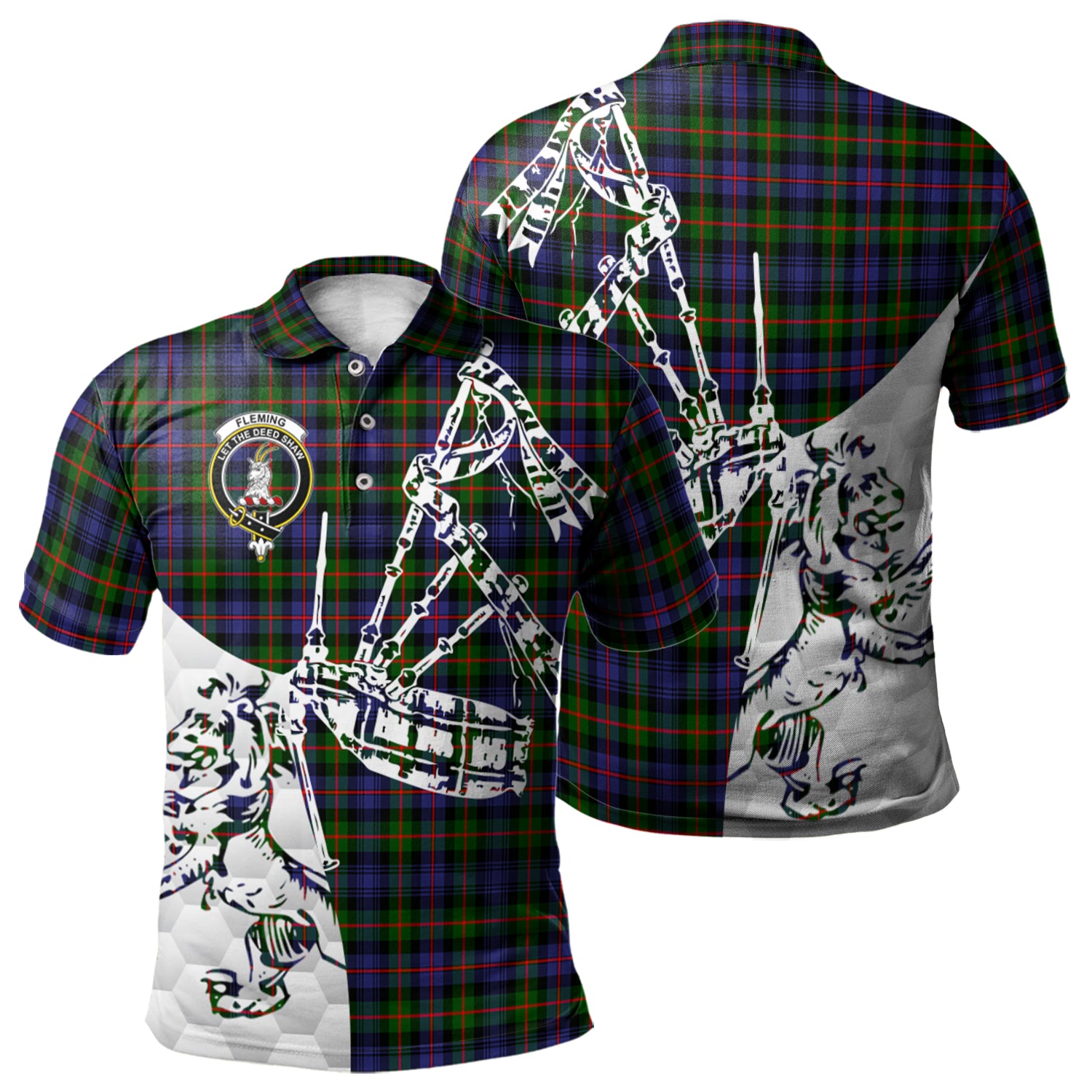 scottish-fleming-clan-crest-tartan-polo-shirt-lion-and-bagpipes-style