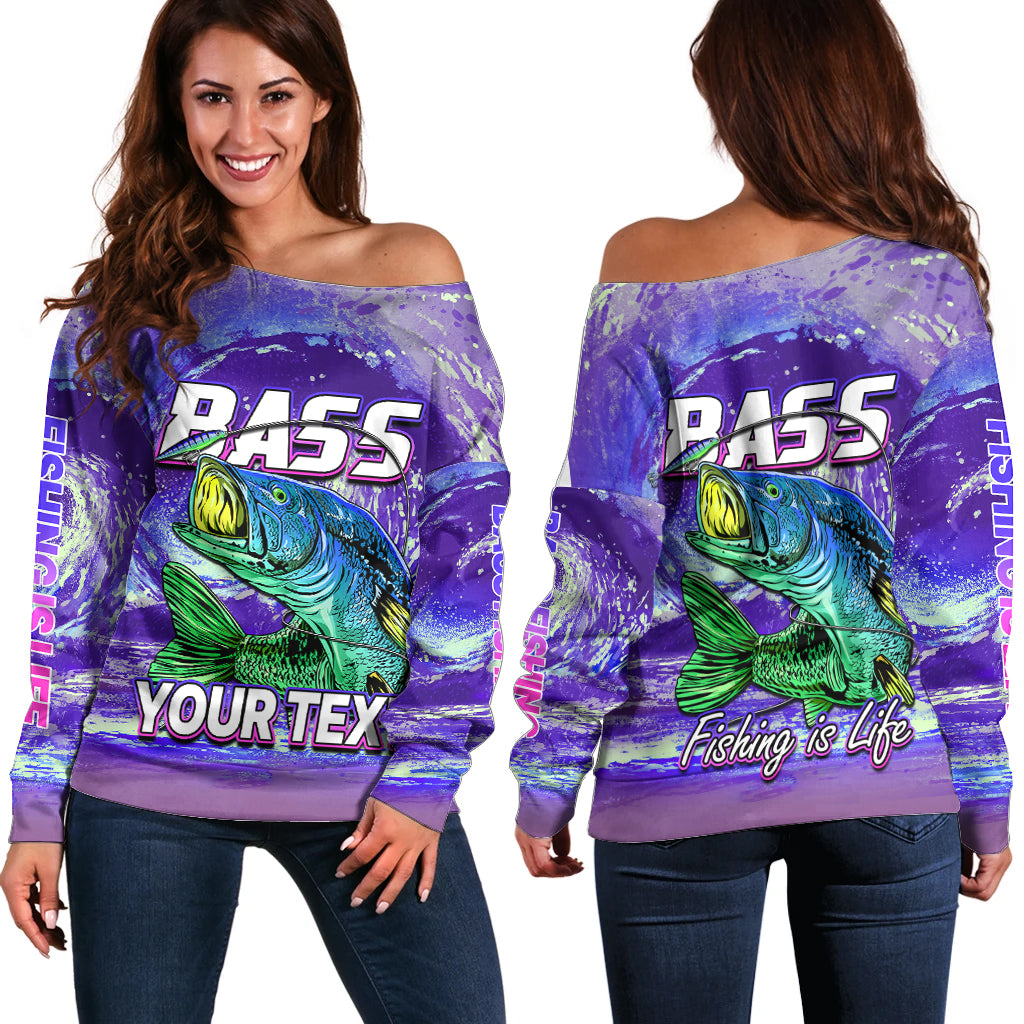 (Custom Personalised) Bass Fishing is Life Hook Sport Largemouth Purple Off Shoulder Sweater - Wonder Print Shop