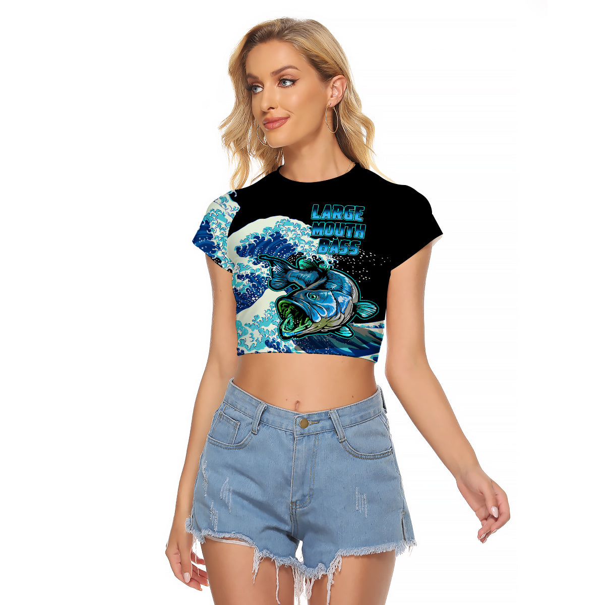 (Custom Personalised) Bass Fishing Blue Raglan Cropped T Shirt - Wonder Print Shop