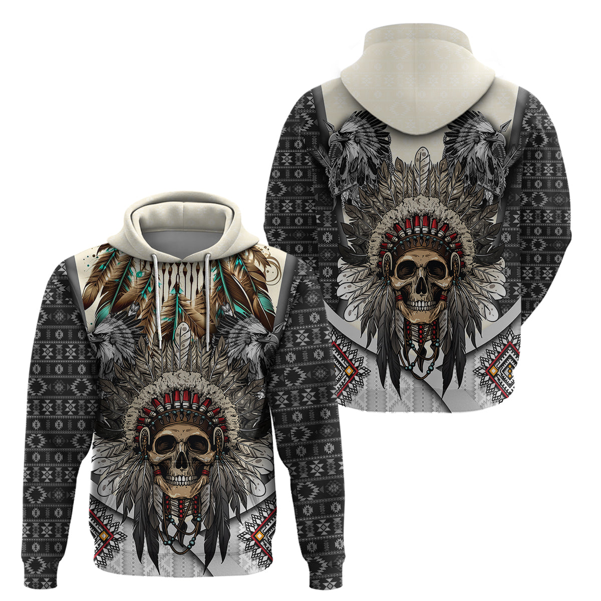 Native American Skull With Eagle Warriors Hoodie - Wonder Print Shop
