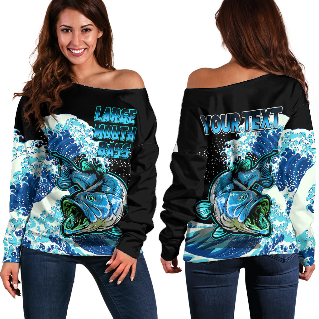 (Custom Personalised) Bass Fishing Blue Off Shoulder Sweater - Wonder Print Shop