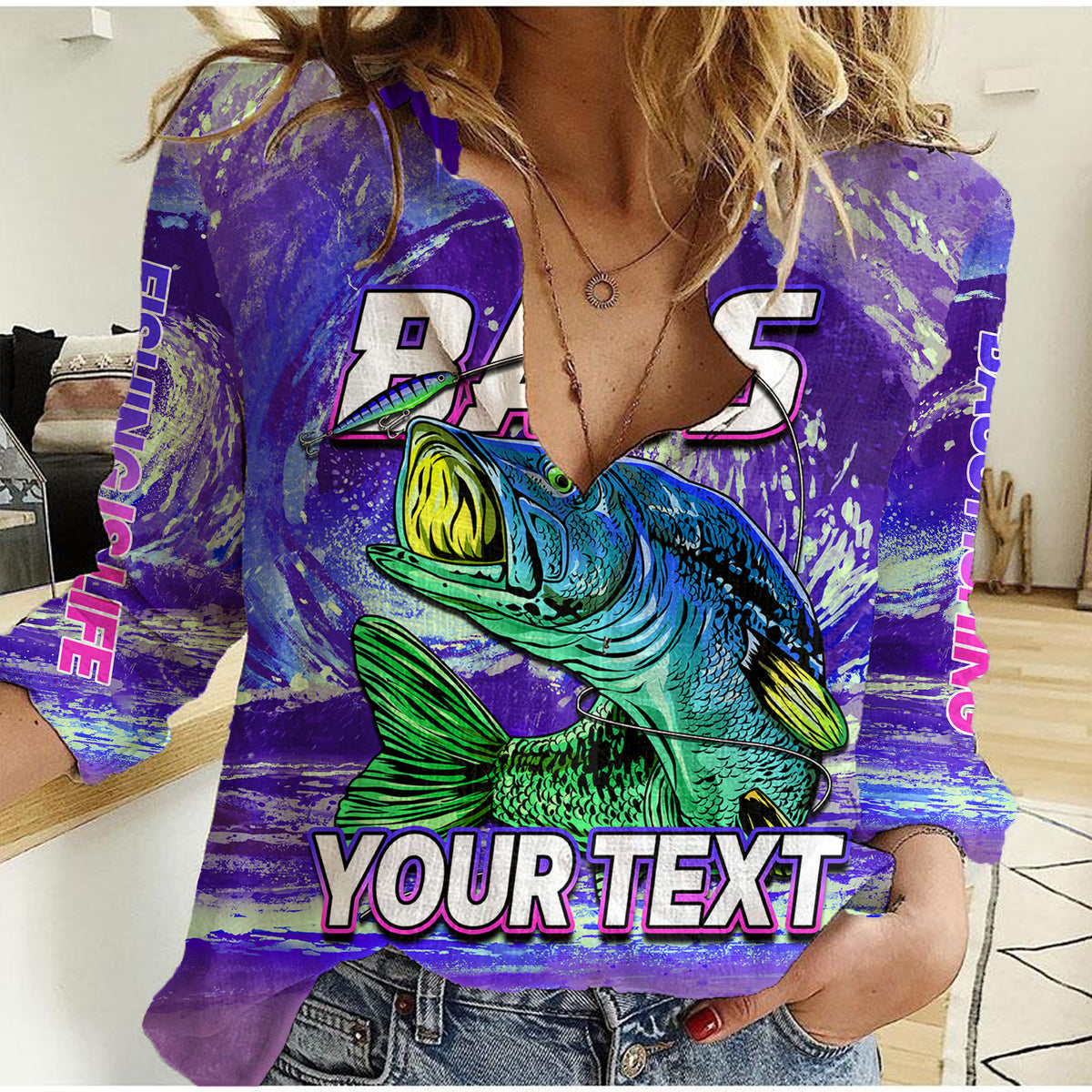 (Custom Personalised) Bass Fishing is Life Hook Sport Largemouth Purple Women Casual Shirt - Wonder Print Shop
