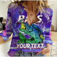 Purple women casual shirt with long sleeves, bass fish graphic and 'YOUR TEXT' print