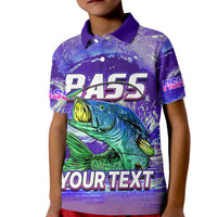 Kids purple polo shirt with colorful bass fish graphic and R455 front print