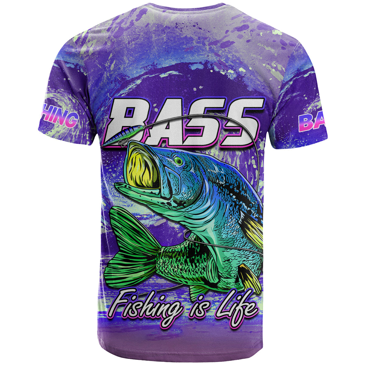 Purple fishing T-shirt with bass graphic and 'Fishing is 4 Life' text