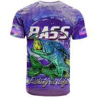 Purple fishing T-shirt with bass graphic and 'Fishing is 4 Life' text