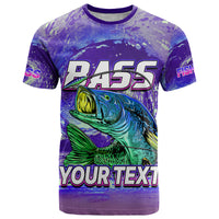 Purple fishing T-shirt with bass graphic and large 'YOUR TEXT' print
