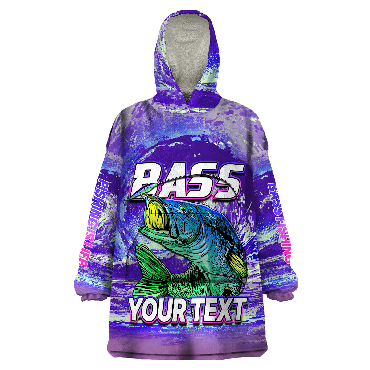 (Custom Personalised) Bass Fishing is Life Hook Sport Largemouth Purple Wearable Blanket Hoodie - Wonder Print Shop
