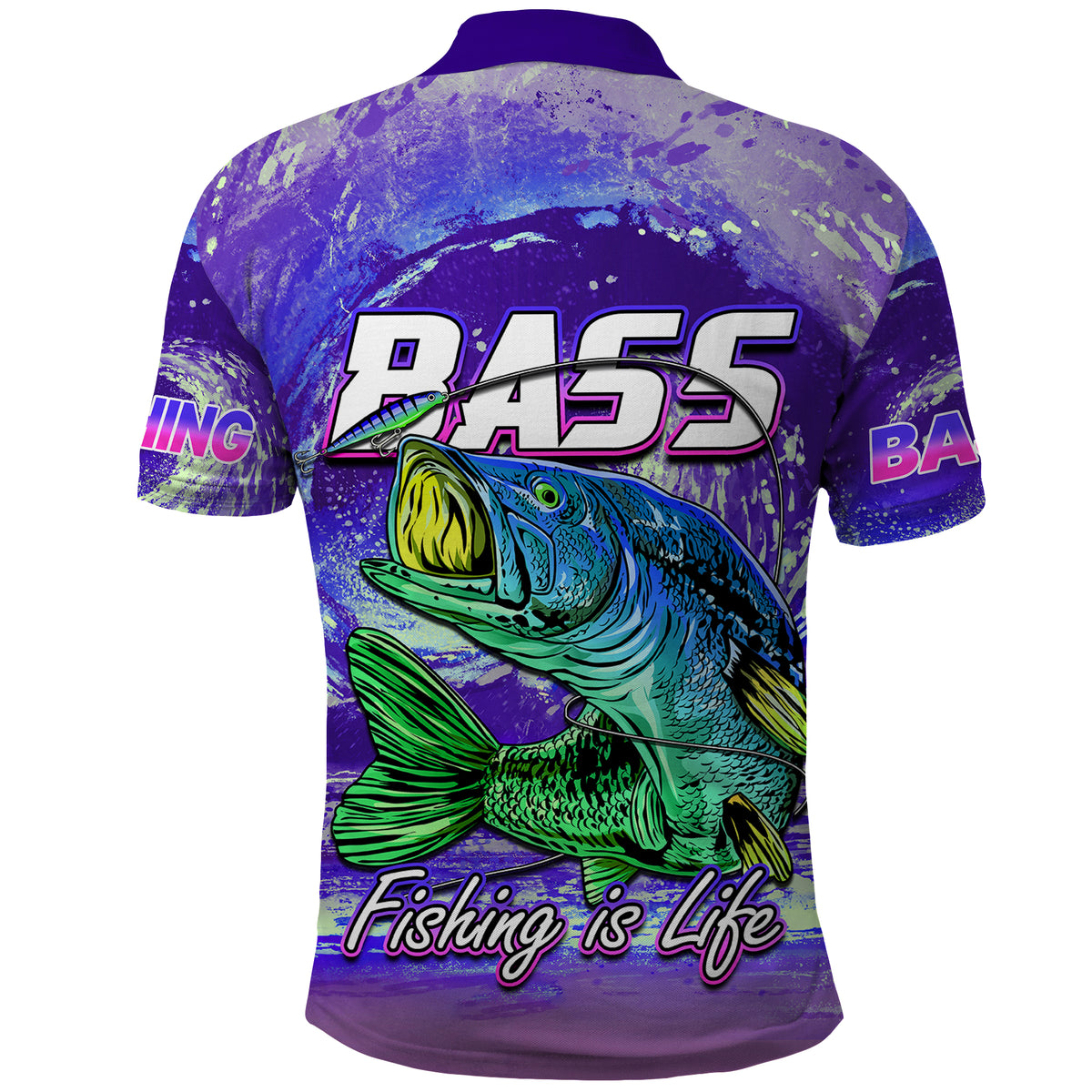 Purple polo shirt back with large bass graphic, 'R A S S 455' and 'Fishing is Life'