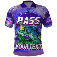 Purple polo shirt with bass graphic and 'YOUR TEXT', short sleeves, button placket