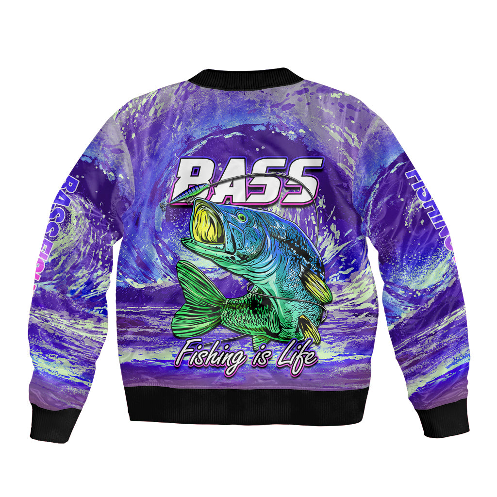 (Custom Personalised) Bass Fishing is Life Hook Sport Largemouth Purple Sleeve Zip Bomber Jacket - Wonder Print Shop