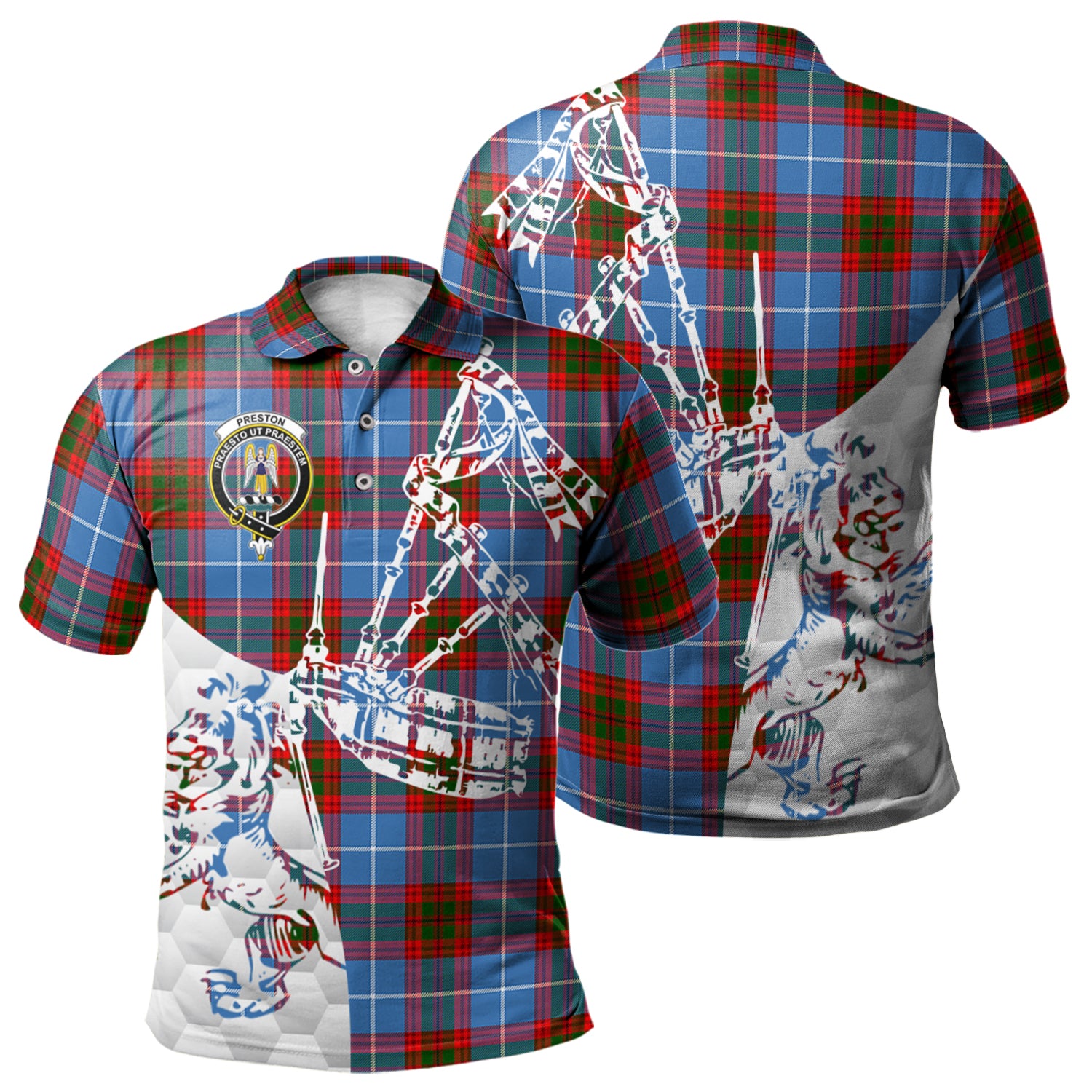 scottish-preston-clan-crest-tartan-polo-shirt-lion-and-bagpipes-style