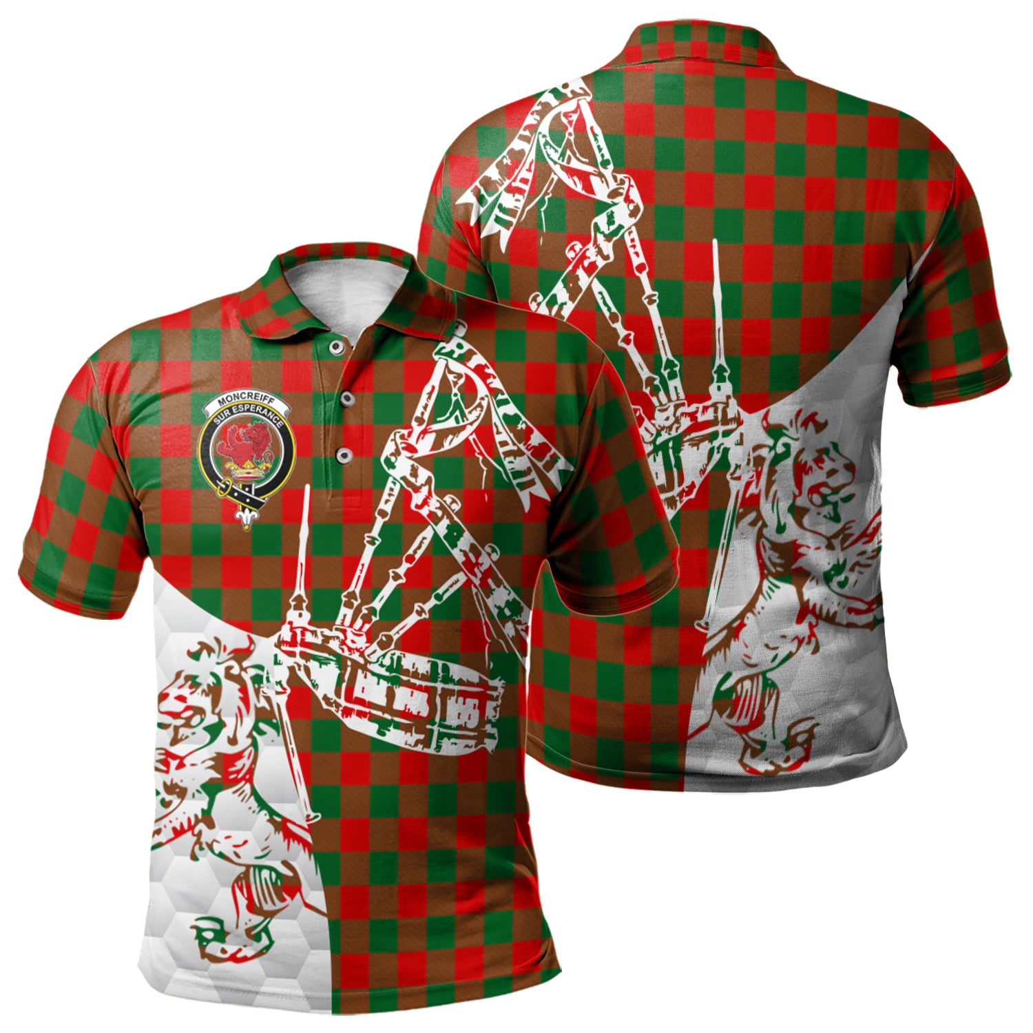 scottish-moncrieff-modern-clan-crest-tartan-polo-shirt-lion-and-bagpipes-style