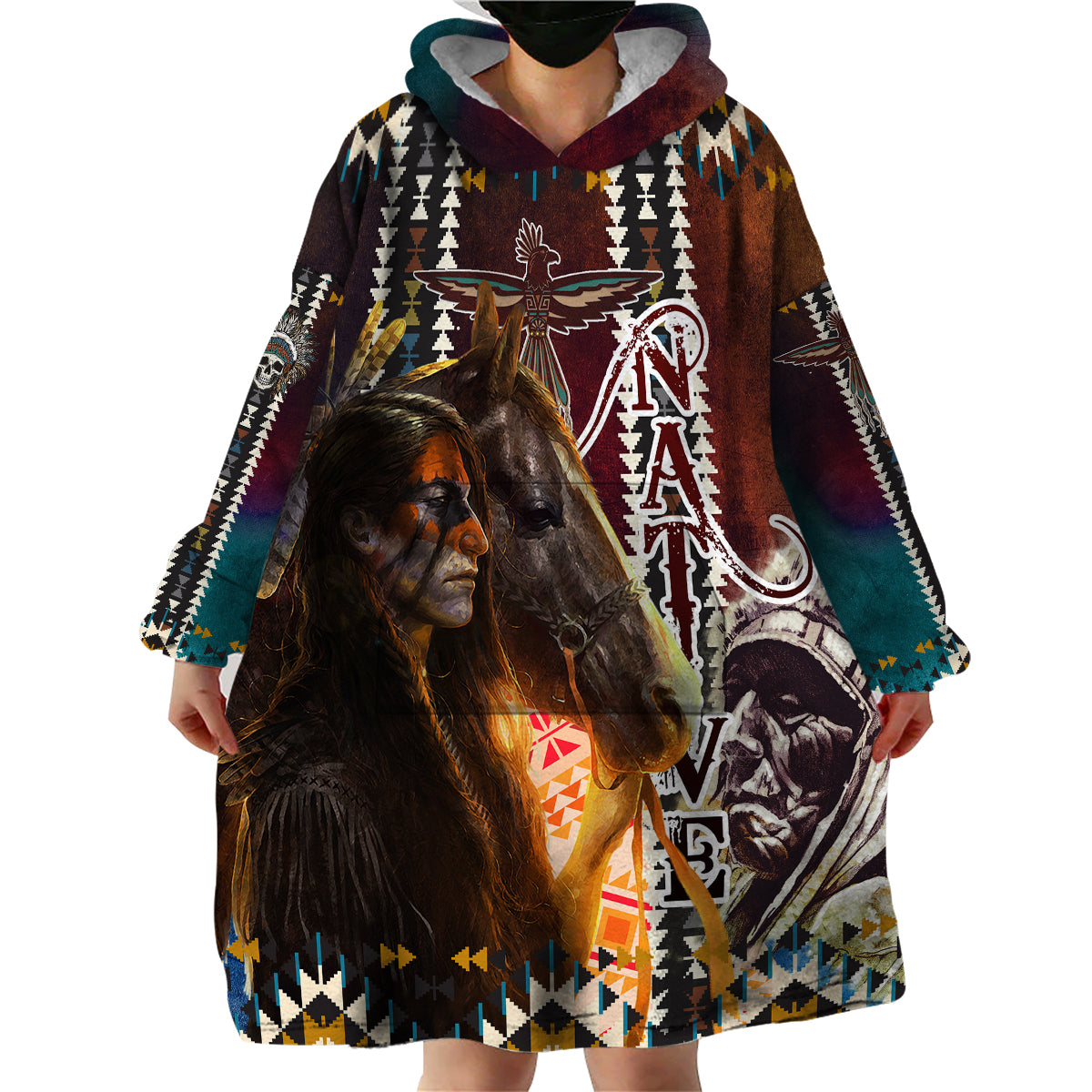 Native American Horse Painting Skull and Eagle Navajo Style Wearable Blanket Hoodie - Wonder Print Shop