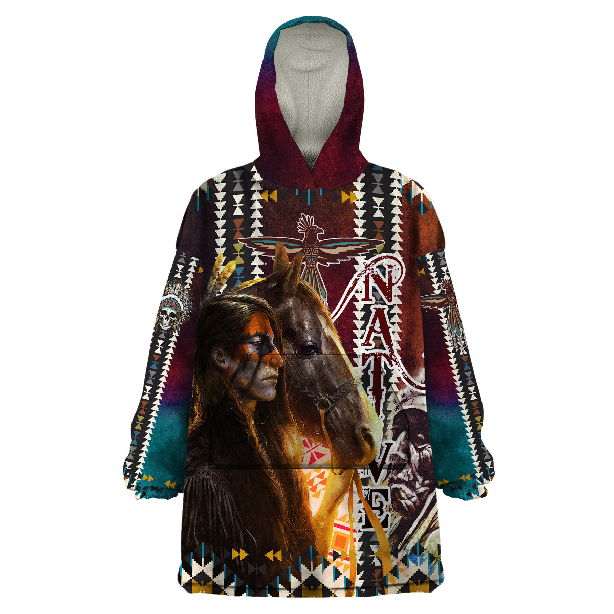 Native American Horse Painting Skull and Eagle Navajo Style Wearable Blanket Hoodie - Wonder Print Shop