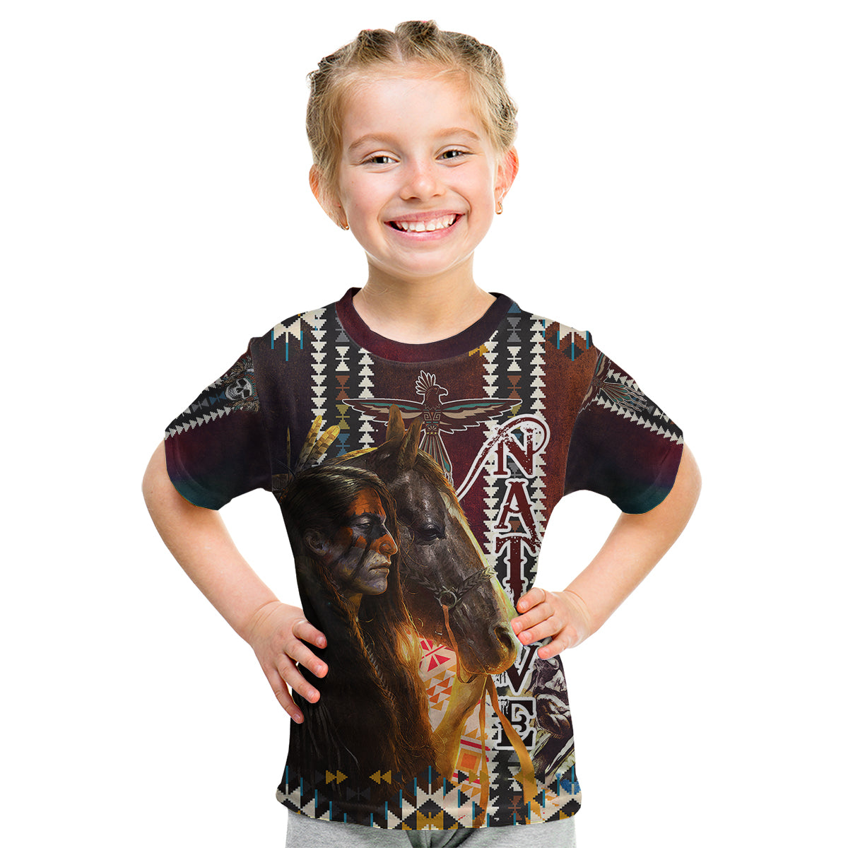 Native American Horse Painting Skull and Eagle Navajo Style Kid T Shirt - Wonder Print Shop