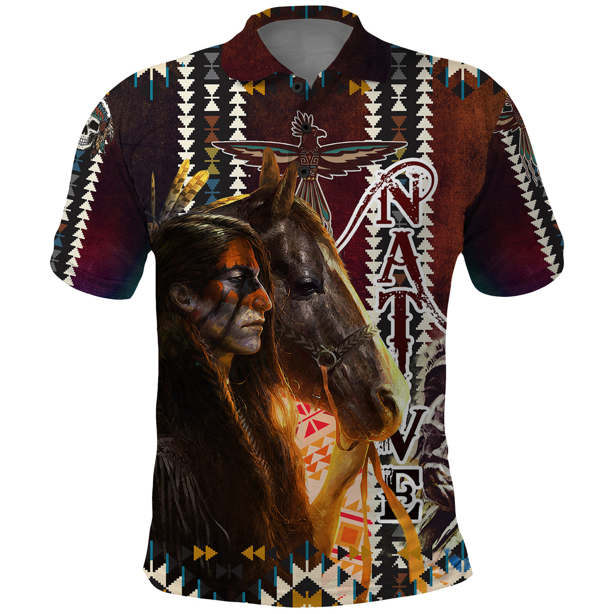 Native American Horse Painting Skull and Eagle Navajo Style Polo Shirt - Wonder Print Shop