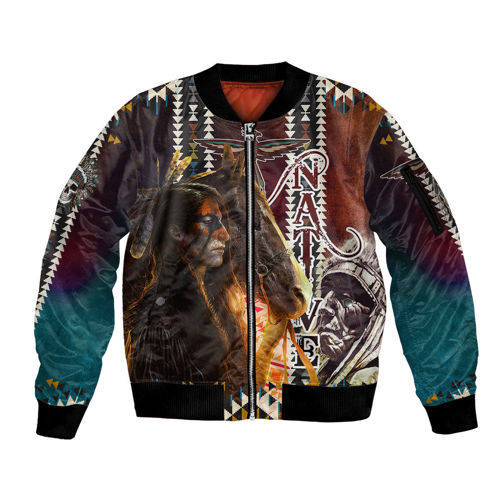 Native American Horse Painting Skull and Eagle Navajo Style Sleeve Zip Bomber Jacket - Wonder Print Shop