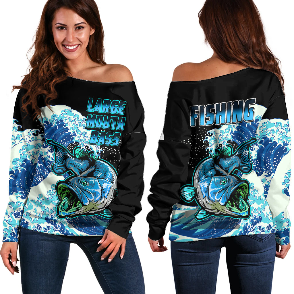 Largemouth Bass Fishing Blue Off Shoulder Sweater - Wonder Print Shop