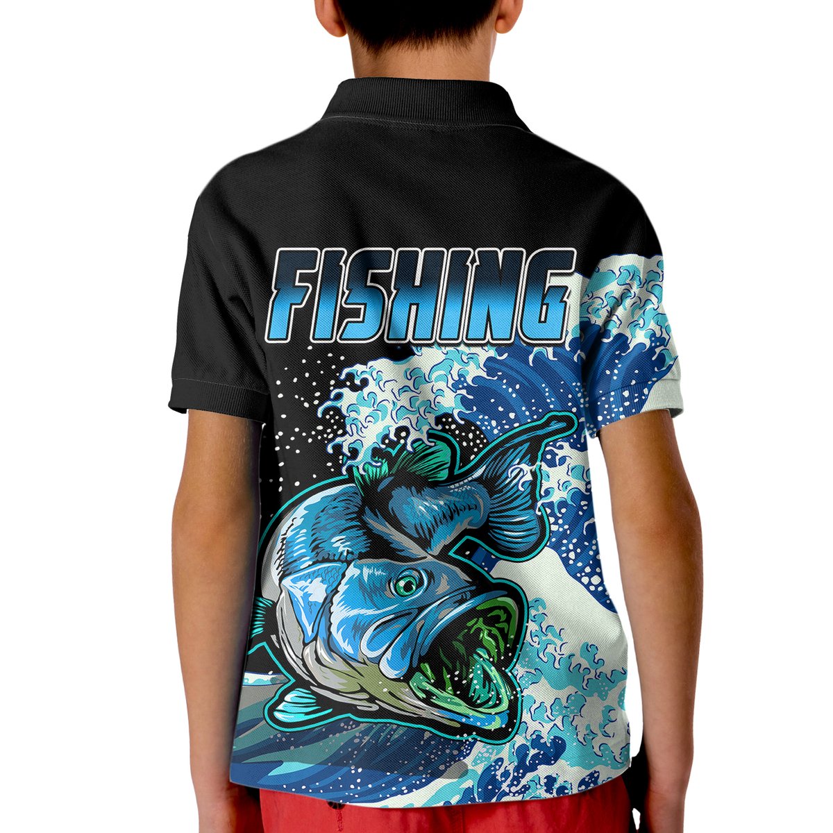 Largemouth Bass Fishing Polo Shirt Blue for Kid - Wonder Print Shop