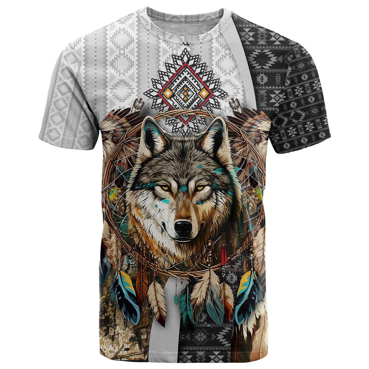 Native American Wolf Dreamcatcher with Eagles Feathers T Shirt - Wonder Print Shop
