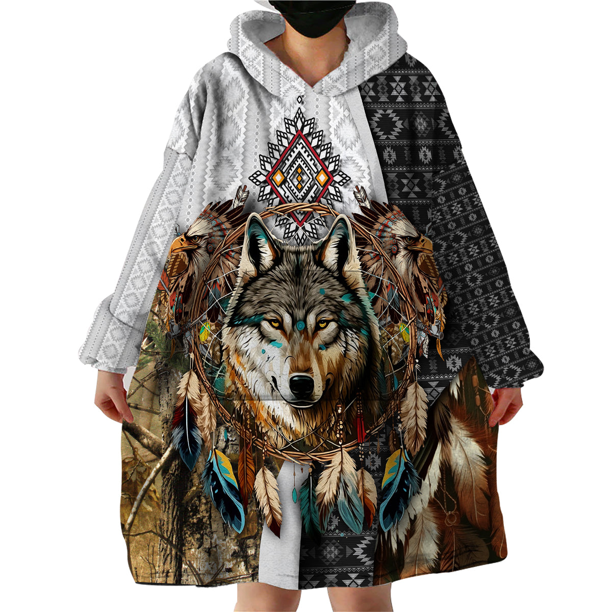 Native American Wolf Dreamcatcher with Eagles Feathers Wearable Blanket Hoodie - Wonder Print Shop