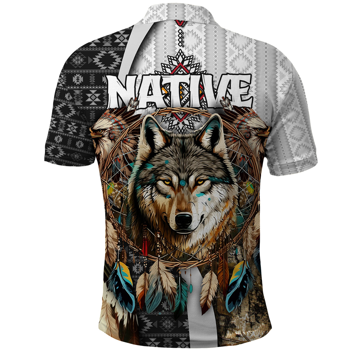 Native American Wolf Dreamcatcher with Eagles Feathers Polo Shirt - Wonder Print Shop