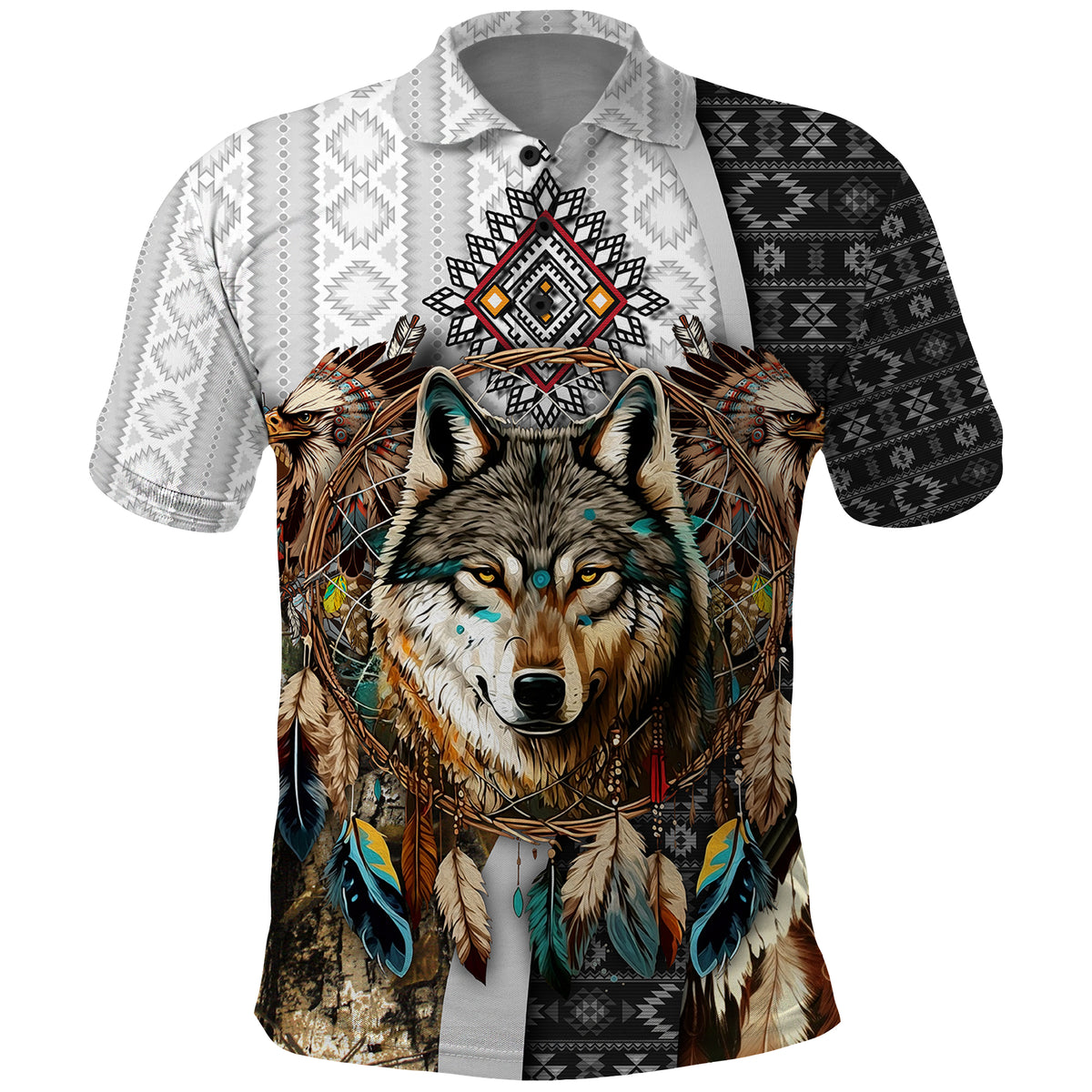 Native American Wolf Dreamcatcher with Eagles Feathers Polo Shirt - Wonder Print Shop